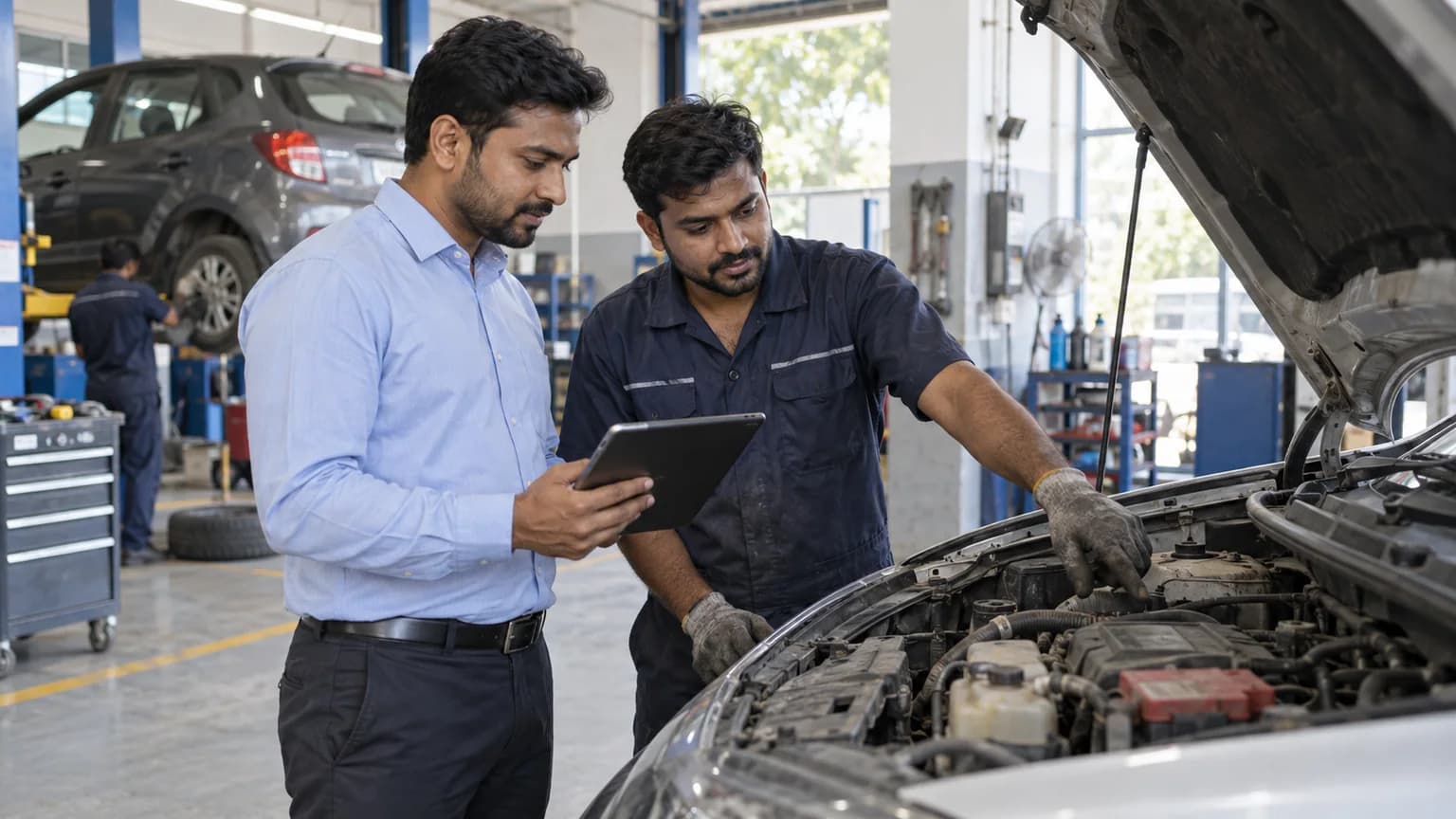 Service advisor and technician reviewing a vehicle repair job on a tablet