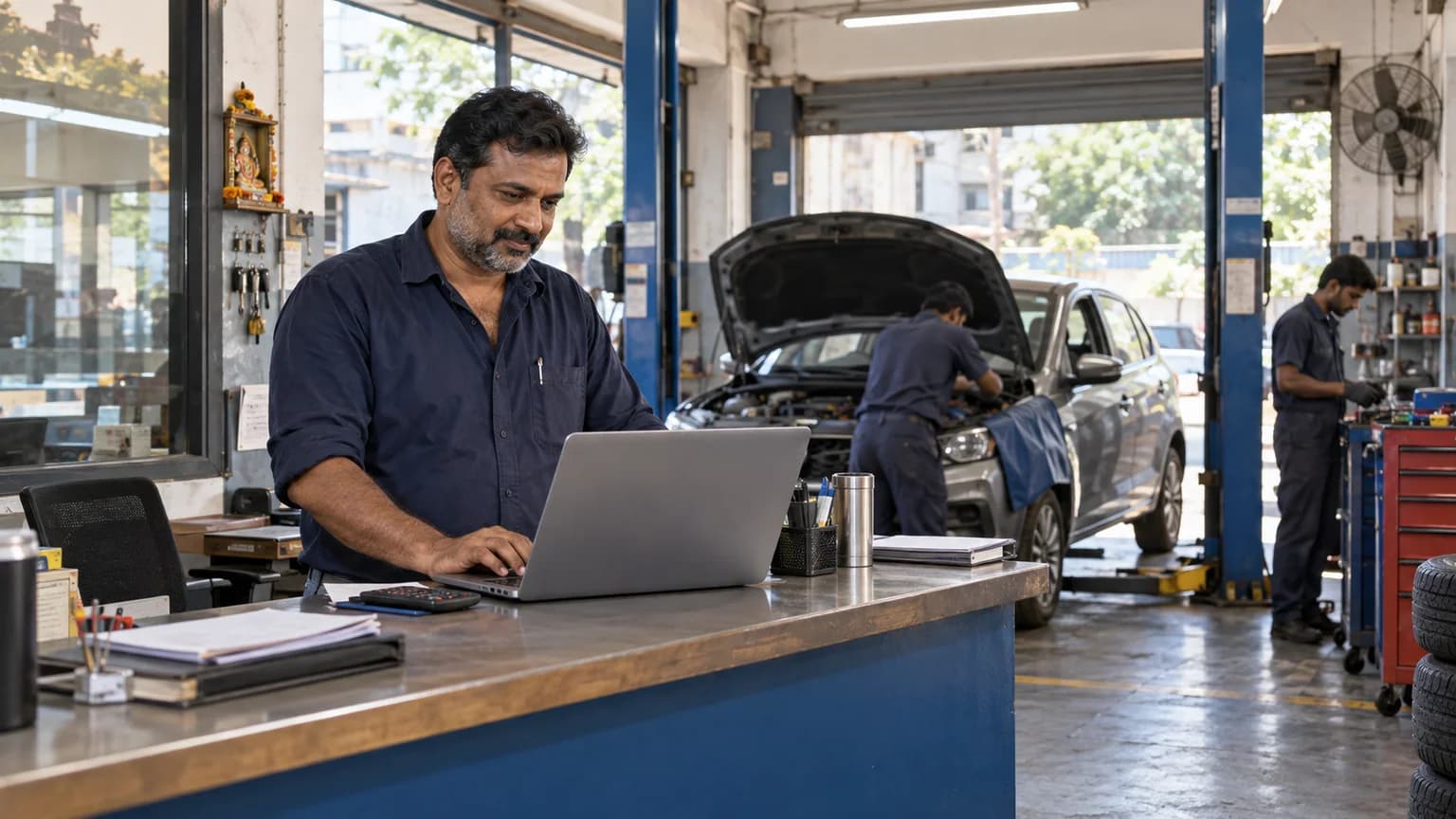 Indian garage owner reviewing workshop jobs on a laptop at the service desk