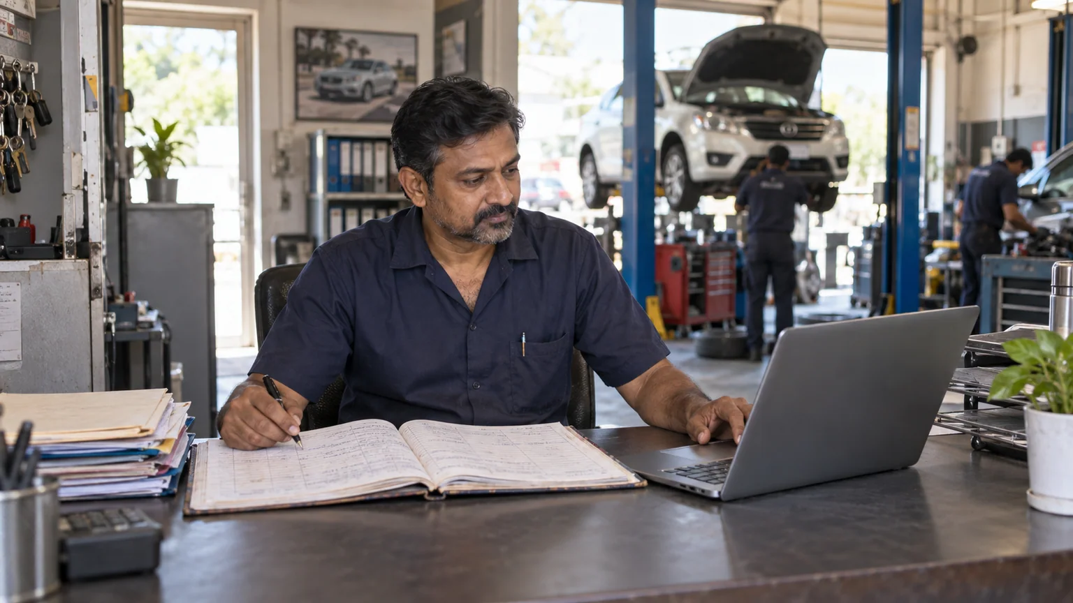 Garage owner comparing a handwritten job register with records on a laptop
