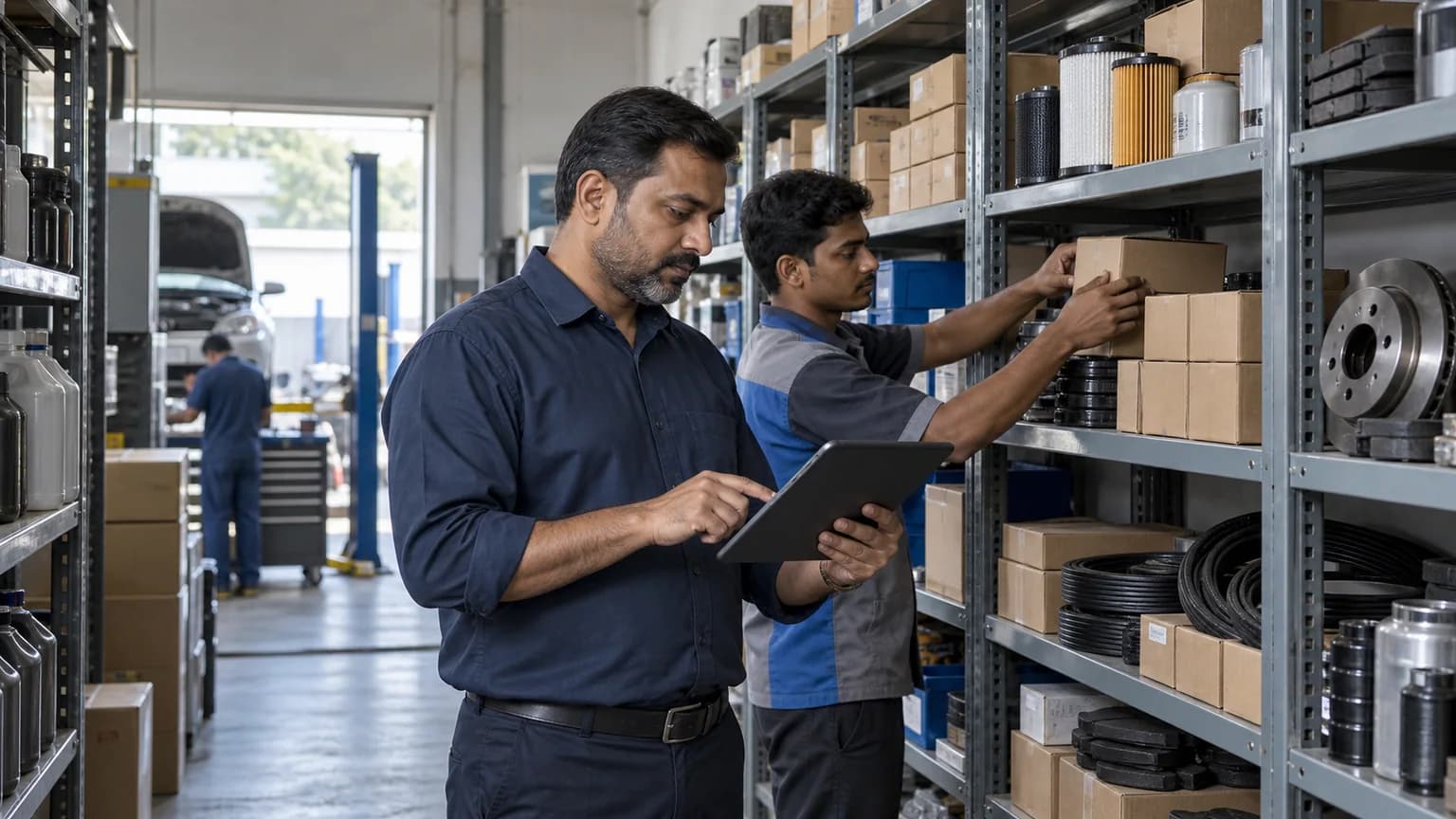 Indian workshop manager checking organized spare parts stock on a tablet